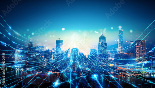 Wallpaper Mural A futuristic cityscape with glowing lights and dynamic lines, representing technology, connectivity, and urban innovation. Torontodigital.ca