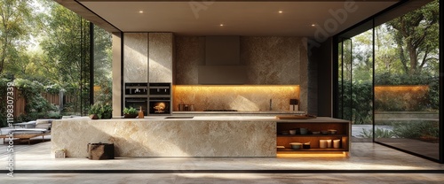 Modern kitchen design, garden view, sunlit island