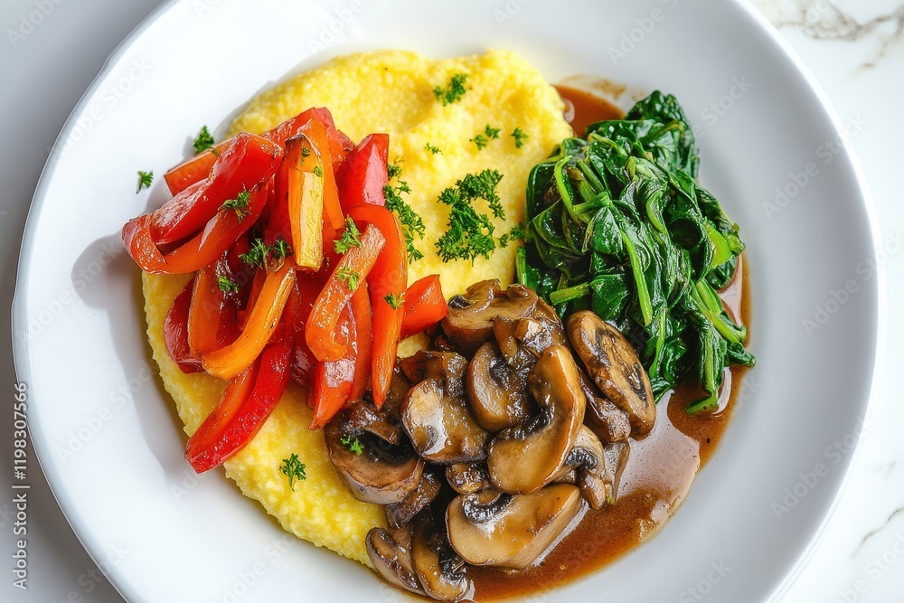 Creamy polenta topped with mushroom and spinach stir fry on a white plate aerial view Creamy polenta topped with mushroom and spinach stir fry on a white plate aerial view