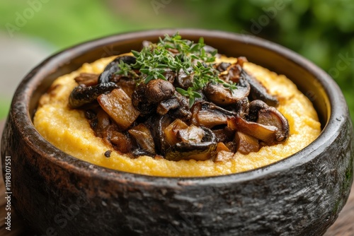 Creamy polenta topped with roasted mushrooms onion and thyme in a rustic ceramic dish photo