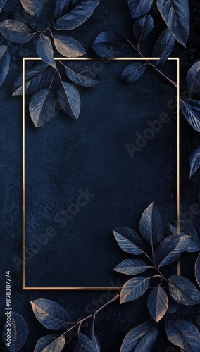 Dark blue leaves frame; elegant design; nature background; invitation template