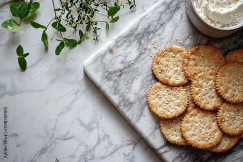 Crispy sesame seed crackers and kashkaval cheese on a marble board photo