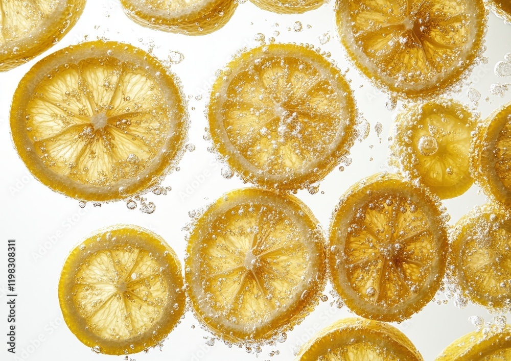 Fresh Lemon Slices Floating in Sparkling Water Bubbles with Bright Reflections in an Artistic Arrangement for Refreshing Beverage Concept Fresh Lemon Slices Floating in Sparkling Water Bubbles with Bright Reflections in an Artistic Arrangement for Refreshing Beverage Concept