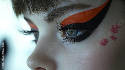 Close-up of a Woman's Eye with Bold Orange and Black Makeup