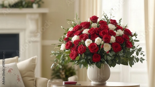 Fototapeta Naklejka Na Ścianę i Meble -  Valentine's Day bouquet of red roses with accents of white, presented in an elegant vase to brighten your loved one's day