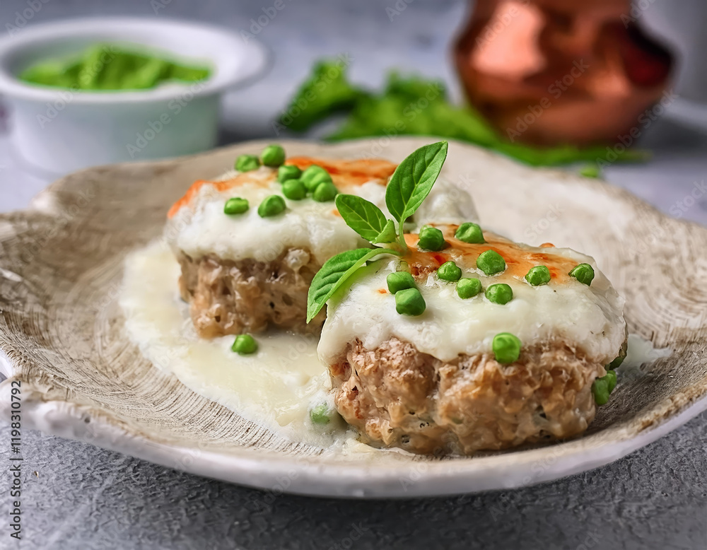Turkish Food Hasanpasa Kofte - Kofta with Puree - Meatball with Bechamel Sauce and Green Peas. Traditional Food. Turkish Food Hasanpasa Kofte - Kofta with Puree - Meatball with Bechamel Sauce and Green Peas. Traditional Food.