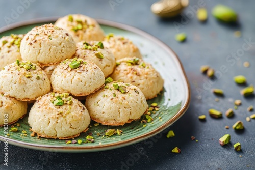 Egyptian butter cookies with pistachios on a plate horizontal layout with empty space for text photo