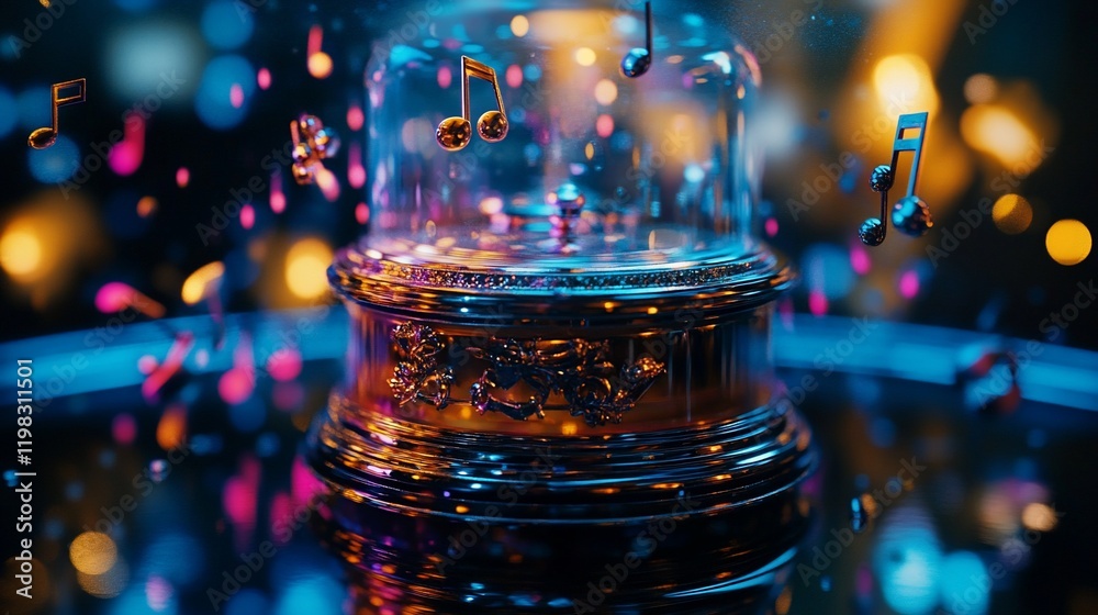 Musical notes float above ornate music box Musical notes float above ornate music box