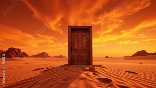 A rich, dark brown wooden door with a sleek black handle stands proudly against a stark desert backdrop. The scene is etched with countless tiny footprints dancing across the sandy expanse photo