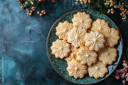 Eid cookies on colorful backdrop overhead view Happy Eid photo