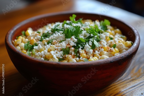 Elote with cotija cilantro and chili on the street photo