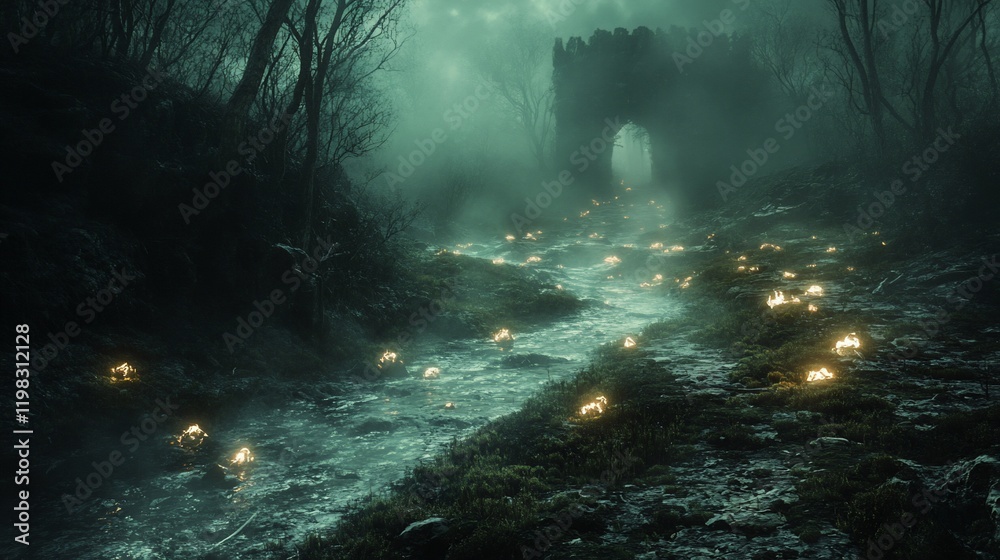 Mystical forest stream, glowing flora, archway, fog. Fantasy artwork Mystical forest stream, glowing flora, archway, fog. Fantasy artwork