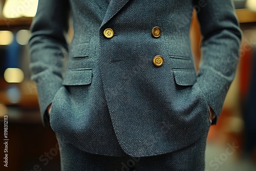 Wallpaper Mural Close-up of a man's textured double-breasted suit jacket with gold buttons and pockets. Torontodigital.ca