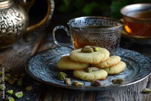 Ghorayeba Pistachio butter cookies and tea for Eid El Fitr celebration photo