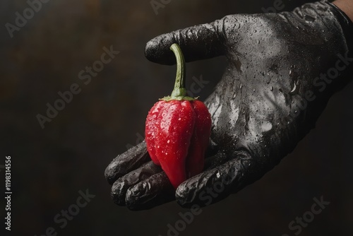 Gloved hand holding a Carolina Reaper recognized by Guinness as one of the world s hottest peppers photo