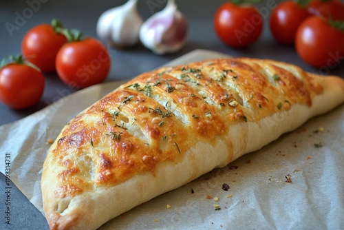 Golden calzone pizza on parchment with fresh tomatoes and garlic on a grey textured backdrop