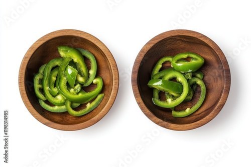 Green jalapeño slices in a wooden bowl on a white background Clipping path included Overhead view photo