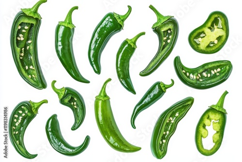 Green jalapeño peppers on white with clipping path Collection