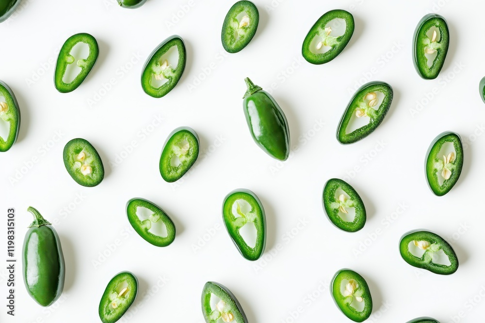 Green jalapeño peppers on a white background overhead perspective Green jalapeño peppers on a white background overhead perspective