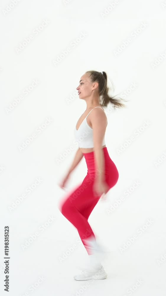 Young woman doing a lunge jump on white background. Vertical video. Young woman doing a lunge jump on white background. Vertical video.