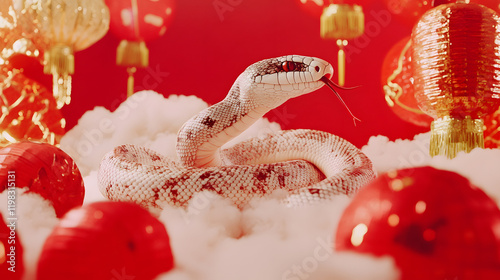 An artistic rendering of a snake coiling through a landscape of golden clouds, with auspicious Chinese symbols, red lanterns, and glowing accents highlighting themes of fortune and renewal 