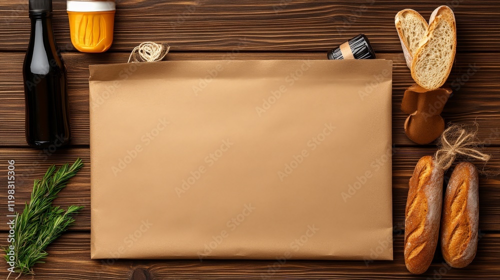 Naklejka premium Brown Paper Bag Mockup: A rustic, overhead shot featuring a blank brown paper bag surrounded by various artisanal food items including bread, a bottle.