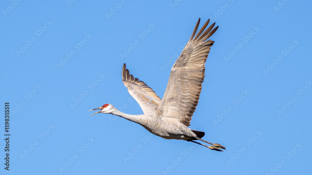 Fototapeta premium Sandhill Crane Flying in the Blue Skye Close Up Feathers Wings Beak Feet Action Winter Bird Watching Migration