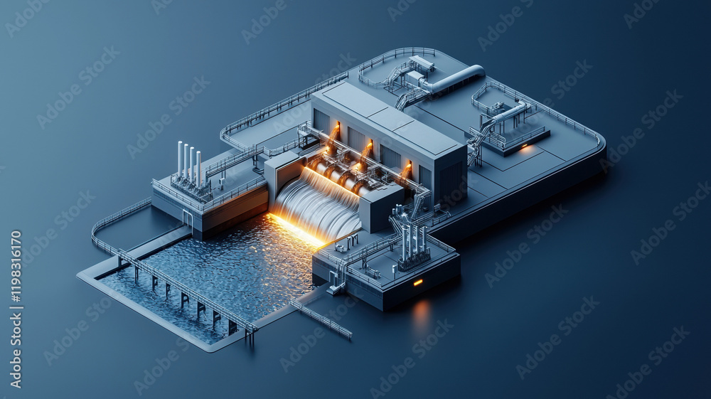 Artistic cutaway of hydropower system with glowing water flow