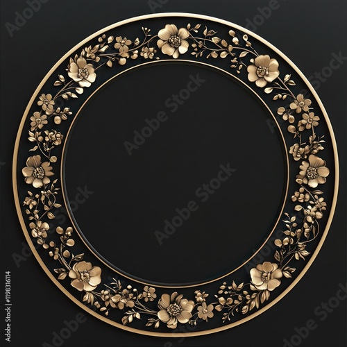 Gold floral circle frame, dark background, elegant design, invitation template