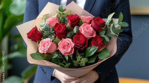 Wallpaper Mural bouquet of fresh red and pink roses wrapped in delicate paper, perfect for gifting to a loved one on Valentine Day. Torontodigital.ca
