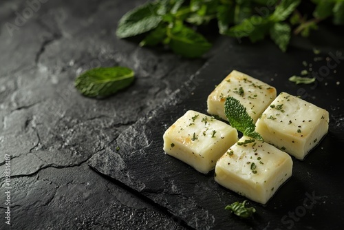 Grilling cheese with mint Cypriot squeaky cheese Text space for menu banner or recipe