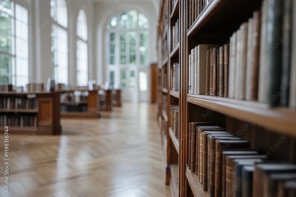 Fototapeta premium The interior of a spacious library showcases rows of wooden bookshelves packed with books. Sunlight enters through large windows, creating a warm and inviting atmosphere, perfect for reading