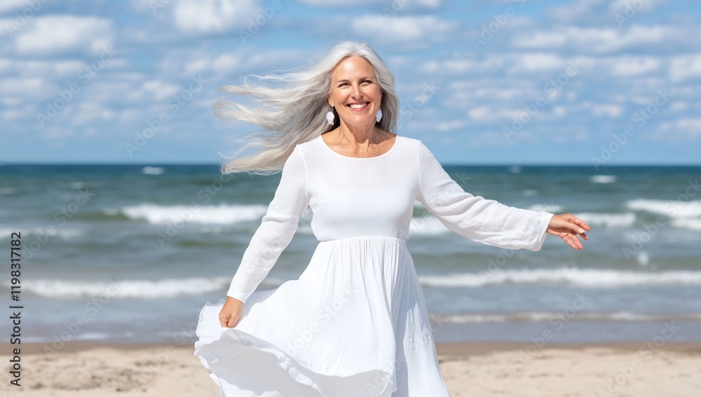 Happy senior woman beach dress ocean wind Happy senior woman beach dress ocean wind