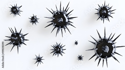 Black Spiky Spheres on White Background Abstract Art