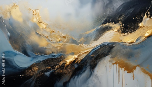 Vibrant Abstract Artwork Gold, Black, Blue and Gray Palette, Showcasing Interior Painting Masterpiece Created on