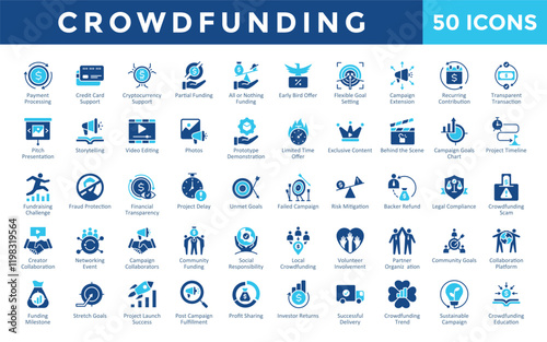 Crowdfunding icons set with payment processing, credit card support, cryptocurrency support, partial funding, all or nothing funding, early bird offer icon. Simple flat vector 
