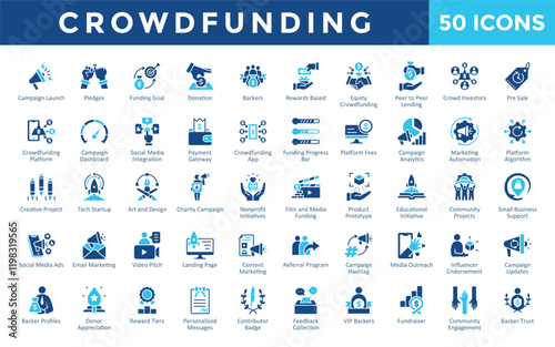 Crowdfunding icons set with campaign launch, pledges, funding goal, donation, backers, rewards based, equity crowdfunding, peer to peer lending, crowd investors, pre sale icon. Simple flat vector 
