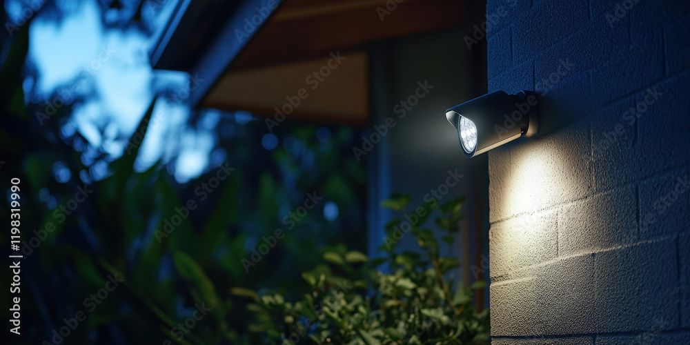 Outdoor wall light illuminating home at night, surrounded by greenery Outdoor wall light illuminating home at night, surrounded by greenery