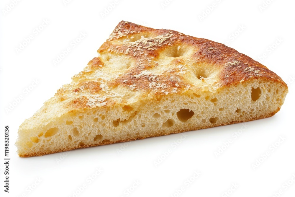 Isolated piece of Genoese focaccia a traditional Italian flatbread on white background with clipping path Isolated piece of Genoese focaccia a traditional Italian flatbread on white background with clipping path