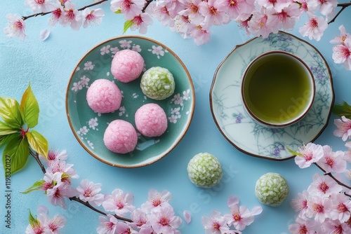 Image of Japanese spring treats tricolor dumplings sakura mochi mitarashi dumplings and green tea photo