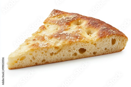 Isolated piece of Genoese focaccia a traditional Italian flatbread on white background with clipping path photo