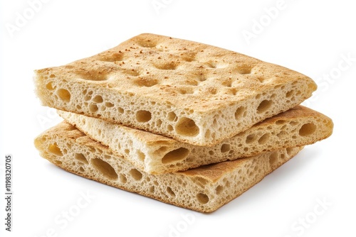 Isolated slices of baked Genoese focaccia flatbread on white with clipping path