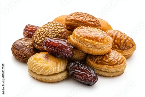 Isolated white background featuring sweet Arabic maamoul cookies with dates for Eid al Fitr and Ramadan photo