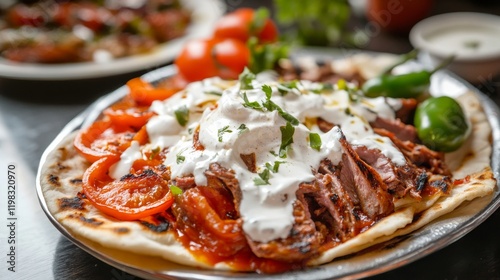 A mouthwatering platter of Turkish iskender kebab, thinly sliced lamb served over pieces of pita bread and topped with tomato sauce and yogurt, Iskender kebab platter centered photo