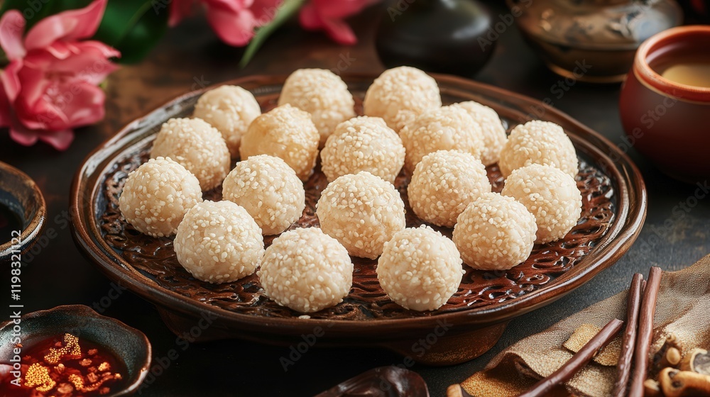 platter featuring sweet sesame balls, filled with lotus paste, symbolizing unity and togetherness for Chinese New Year celebrations. platter featuring sweet sesame balls, filled with lotus paste, symbolizing unity and togetherness for Chinese New Year celebrations.