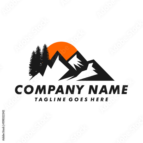 mountain logo design, mountain vector, pine tree, mountain and mountain silhouette, mountain logo premium,professional camping logo, holiday logo, vacation, landscape, mountain and mountains 