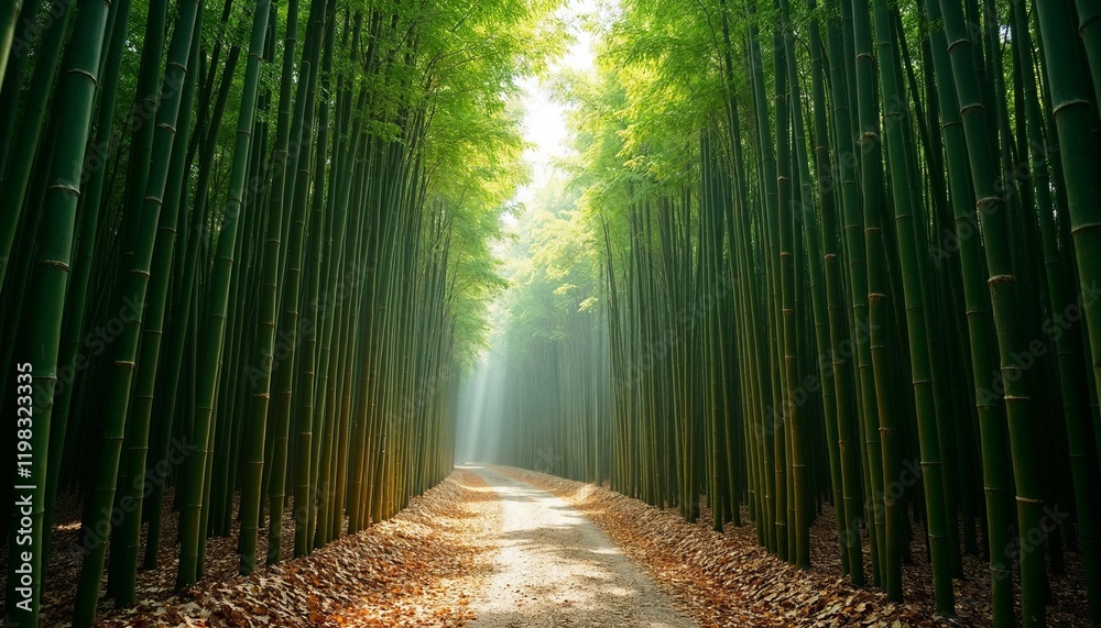 Obraz premium A serene bamboo forest with tall green stalks and sunlight filtering through the canopy