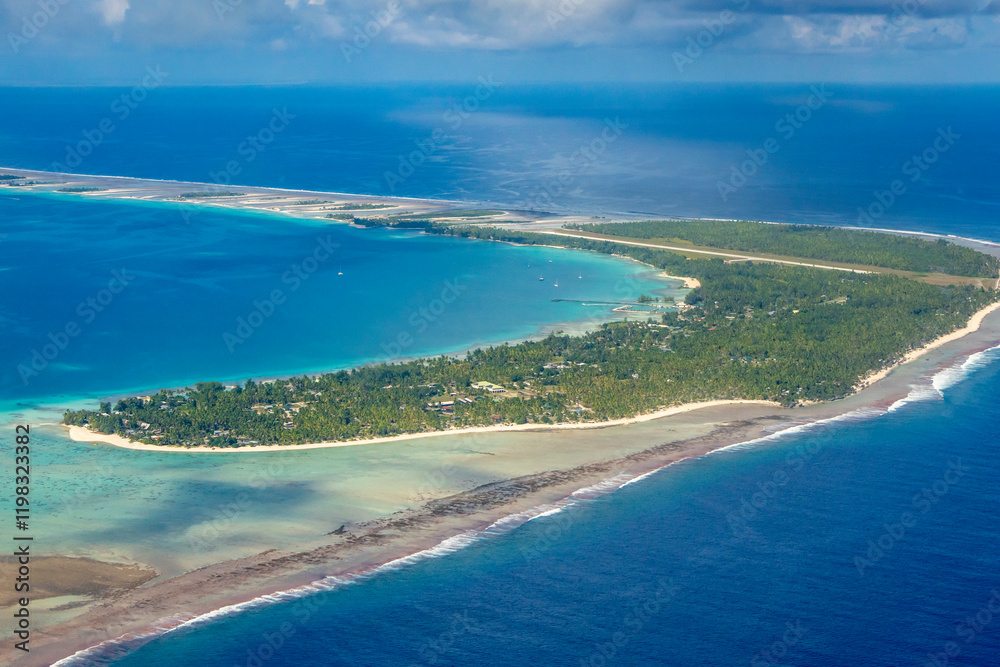 Fototapeta premium French Polynesia, Tikehau Atoll. Aerial of the atoll.