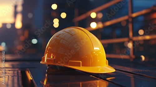 Yellow Hard Hat Resting on a Wooden Surface at a Busy Construction Site, Representing Safety, Industry, and Skilled Labor in a Professional and Dynamic Work Environment photo