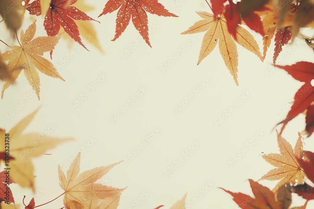 Vibrant autumn maple leaves with morning dew form a cozy frame, embracing a clean white center for your text. Vibrant autumn maple leaves with morning dew form a cozy frame, embracing a clean white center for your text.